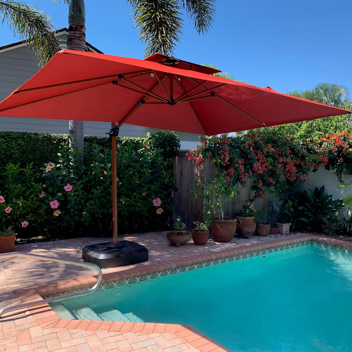 PURPLE LEAF 9' X 12' Double Top Deluxe Wood Pattern Rectangle Patio Umbrella Offset Hanging Umbrella Outdoor Market Umbrella Garden Umbrella, Brick Red