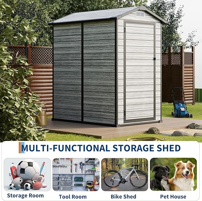 All-Weather Plastic Shed with Window, Outdoor Resin Garden Shed with Lockable Door and Vents, Outdoor Resin Storage Sheds for Backyard, Patio, Lawn, Tool, Bike