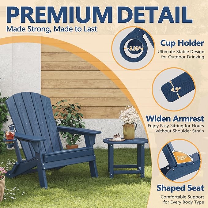 Folding Adirondack Chair Set of 3 with Cup Holder, HDPE All Weather Resistant Plastic Outdoor Patio Chairs, Heavy Duty Fire Pit Seating for Backyard Lawn Garden, Wooden Textured Design(Navy Blue)
