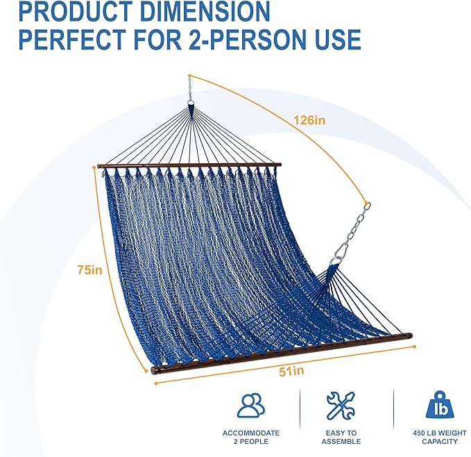 Lazy Daze Hammocks 10.5 FT Double 2 Person Caribbean Rope Hammock, Hand Woven Polyester Hammock with Spreader Bars, for Outside Outdoor Backyard Patio Poolside,450 LBS Capacity, Blue