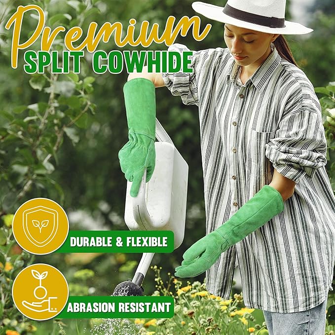 HANDLANDY Leather Gardening Gloves, Thorn Proof Long Gauntlet Heavy Duty Garden Gloves, Elbow Length Rose Pruning Weeding Yard Glove (Large, Green)