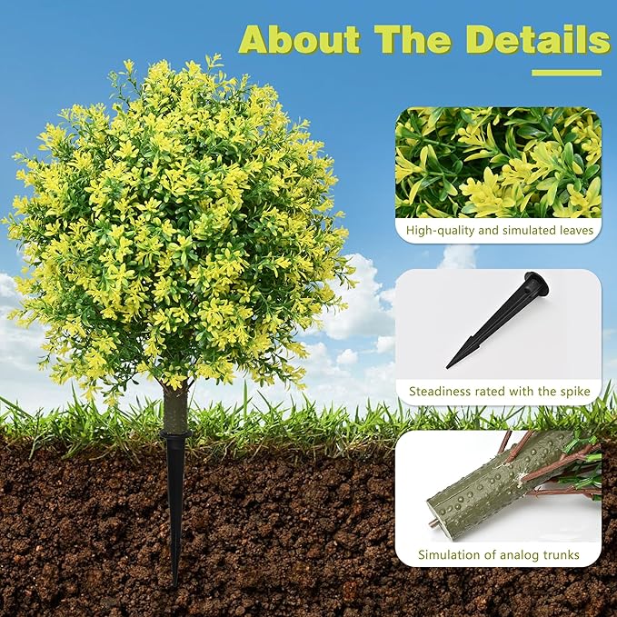 28" Artificial Boxwood Topiary Tree Yellow– UV Resistant Outdoor Faux Topiary Plant, Realistic Fake Topiary Bush for Porch, Patio, Front Door, Fake Evergreen Tree Home Decor