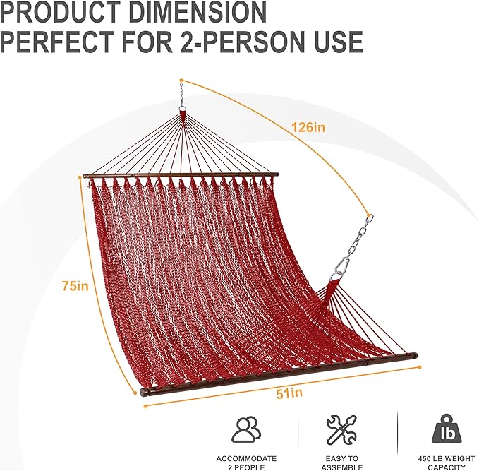 Lazy Daze Hammocks 10.5 FT Double 2 Person Caribbean Rope Hammock, Hand Woven Polyester Hammock with Spreader Bars, for Outside Outdoor Backyard Patio Poolside,450 LBS Capacity,Red