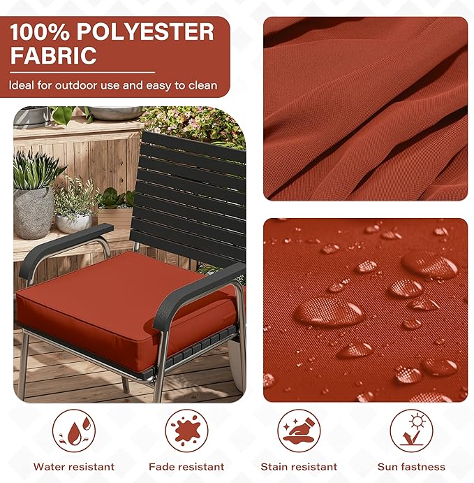 Patio Chair Cushions 22 X 22 X 4 Inch Waterproof Outdoor Seat Cushions for Patio Furniture, Outdoor Sofa Couch Pads with Ties & Handle, Set of 2, Terra Red