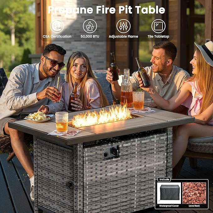 ovios 6 Pieces Patio Furniture Set with 42" Fire Pit Table, Outdoor Wicker Sofa with Comfy Cushions, All Weather High Back Rattan Couch Conversation Set, Orange Red