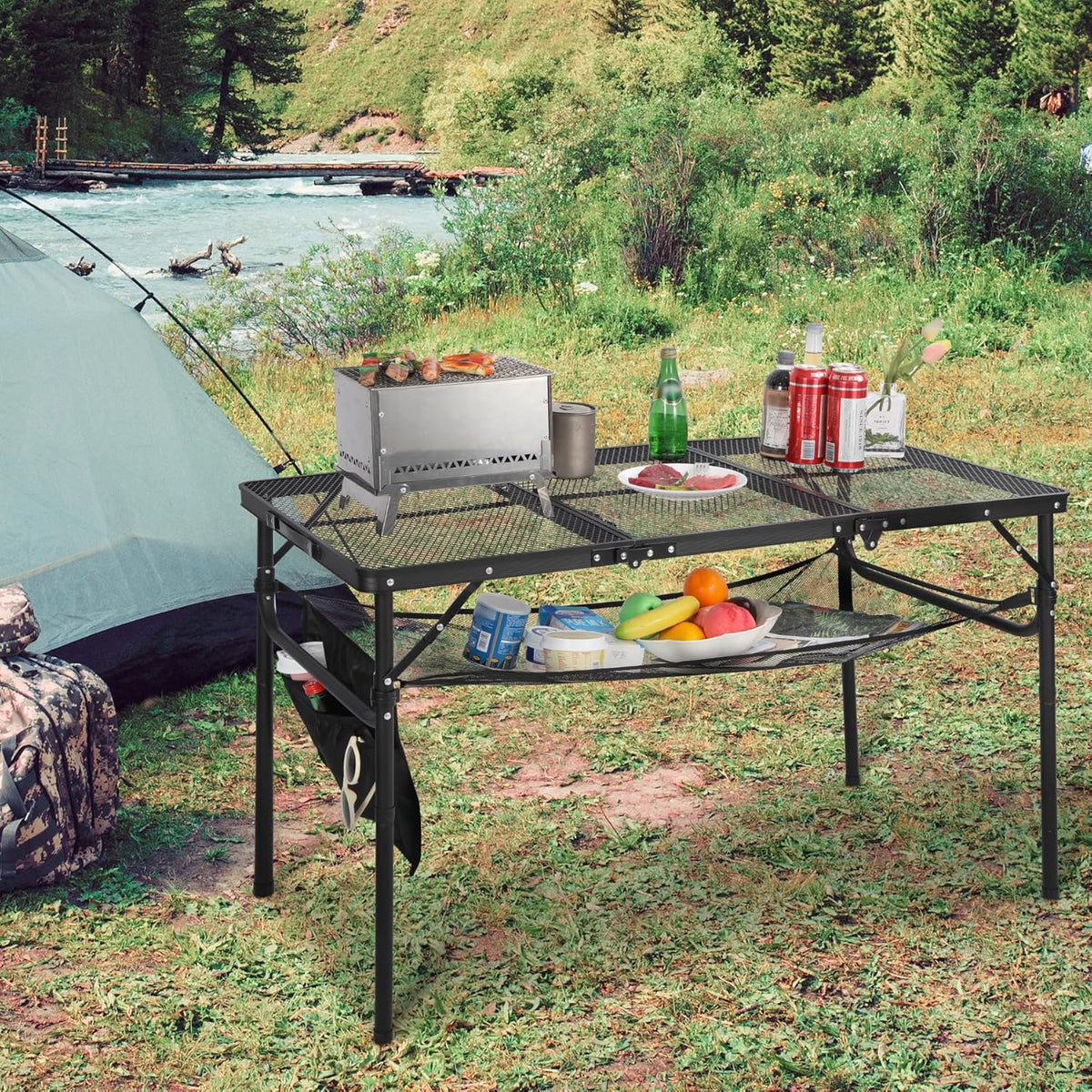 REDCAMP 48x24 Long Folding Grill Table for Outside, Lightweight Portable Double Layer Metal Aluminum Outdoor Grill Table with Adjustable Height Legs, Great for Camping Picnic Cooking BBQ, Black 4ft