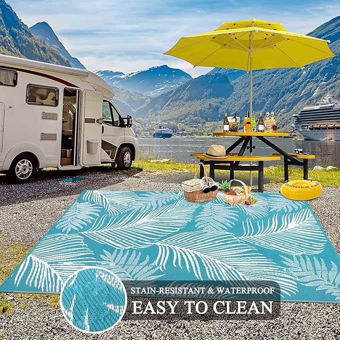 Pauwer Waterproof Outdoor Rug 6x9, Reversible Plastic Straw Patio Camping Rug, Indoor Outdoor RV Mat Carpet for Deck, Camper, Porch, Balcony, Backyard, Picnic, Leaf Teal