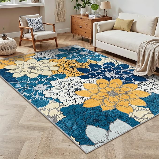 GENIMO Indoor Outdoor Area Rug 6' X 9' Waterproof, Washable Patio Rug Non Shedding, Easy Cleaning Floral Outdoor Carpet for Living Room, Bedroom, Dining Room, Balcony, Backyard, Deck, RV, Blue