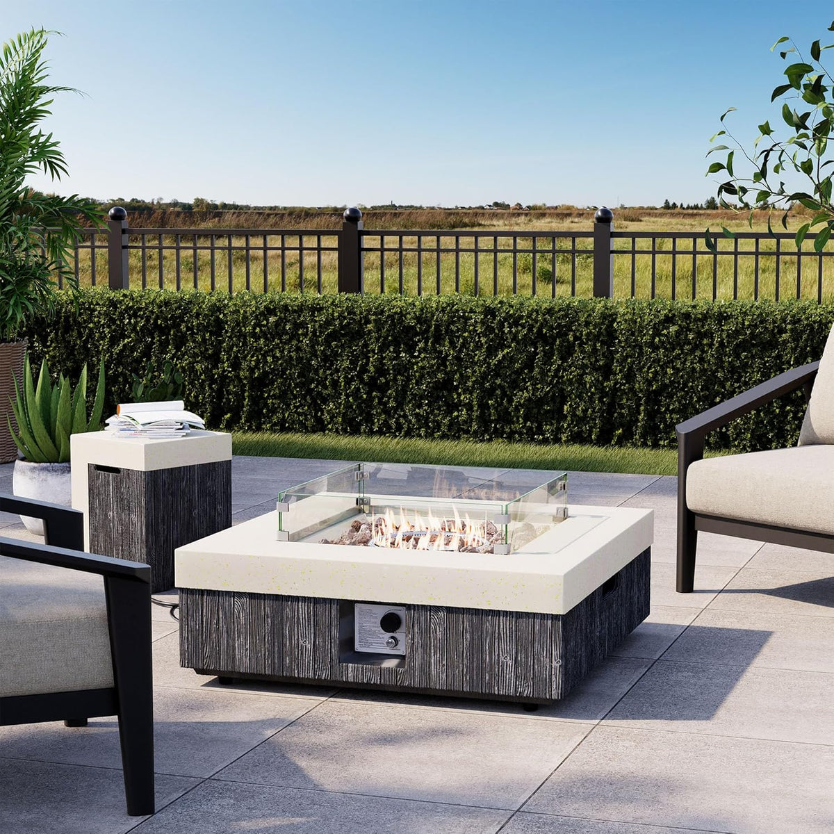 COSIEST 35" Outdoor Propane Fire Pit Table w Tank Cover & Wind Guard, Square Gas Fire Pit Table with Concrete & Wood Grain Design, 50000BTU CSA Certified Fire Tables for Patio, Backyard, Garden