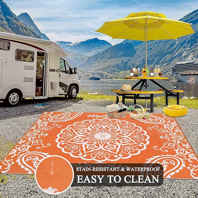 Pauwer Waterproof Outdoor Rug 6x9, Reversible Plastic Straw Patio Camping Rug, Indoor Outdoor RV Mat Carpet for Deck, Camper, Porch, Balcony, Backyard, Picnic, Boho Orange