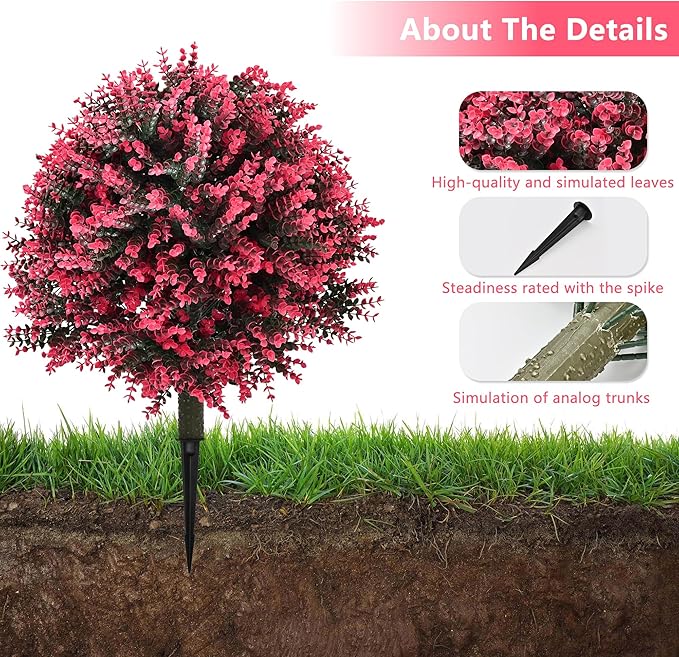 28" Set of 2 Artificial Boxwood Topiary Ball Bush for Outdoor with Ground Spike, UV Resistant Faux Greenery Shrubs, Fake Rose&Green Boxwood Plants for Garden, Yard, Porch, Patio Decor