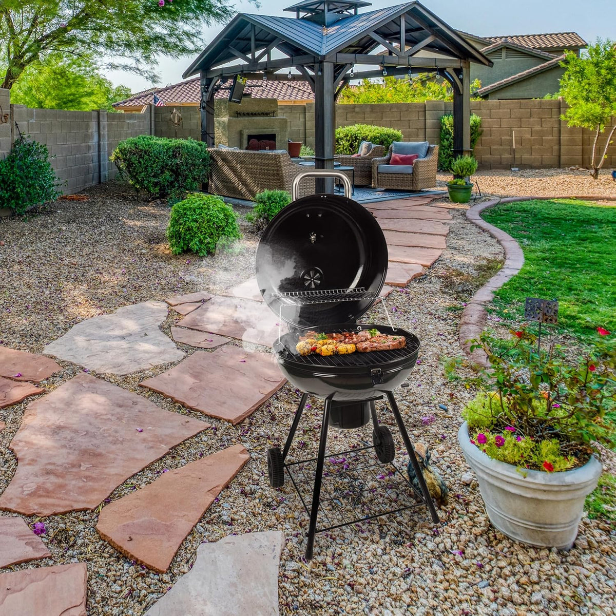 Grill Boss Charcoal Kettle Grill with Large 22-Inch Cooking Area - Includes Warming Rack, Bottom Storage Shelf, Ash Catcher & Wheels for Outdoor BBQ, Tailgating, Camping & Backyard Grilling