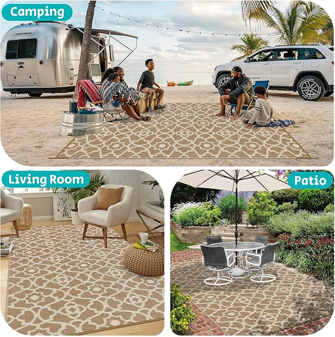 HEBE Outdoor Rug Waterproof 8x10, Plastic Straw Rug Camping Rug, Reversible Outdoor Patio Rugs RV Mat Clearance, Indoor Outside Floor Carpet for Porch,Deck,Camper,Balcony,Backyard