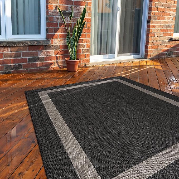 CAMILSON Outdoor Rug 6x9,Modern Outside Rugs for Patios Porches Waterproof Durable Washable Non-Shedding, Easy-to-Clean Indoor Outdoor Area Carpet (6 x 9, Bordered - Dark Gray/Light Gray)