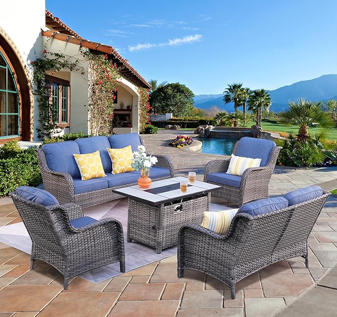 ovios 5 Pieces Patio Furniture Set with 42" Fire Pit Table, Outdoor Wicker Sofa with Loveseat, Comfy Cushions, High Back Couch Conversation Set, Grey Rattan, Denim Blue