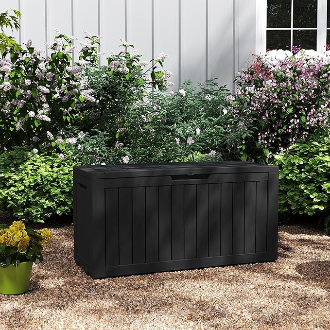 90 Gallon Waterproof Outside Storage Box - Patio Storage & Outdoor Deck Box, All-Weather Resin Chest for Pool/Garden Accessories, Lockable UV-Resistant, Jet Black