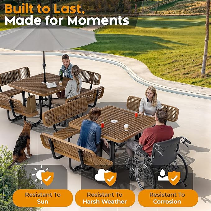 Metal Picnic Tables for Outdoors with Umbrella Hole - Coated Steel Heavy Duty Commercial Grade Table with Adjustable Seats (Brown, 46 in, Square with Back, Expanded Steel)