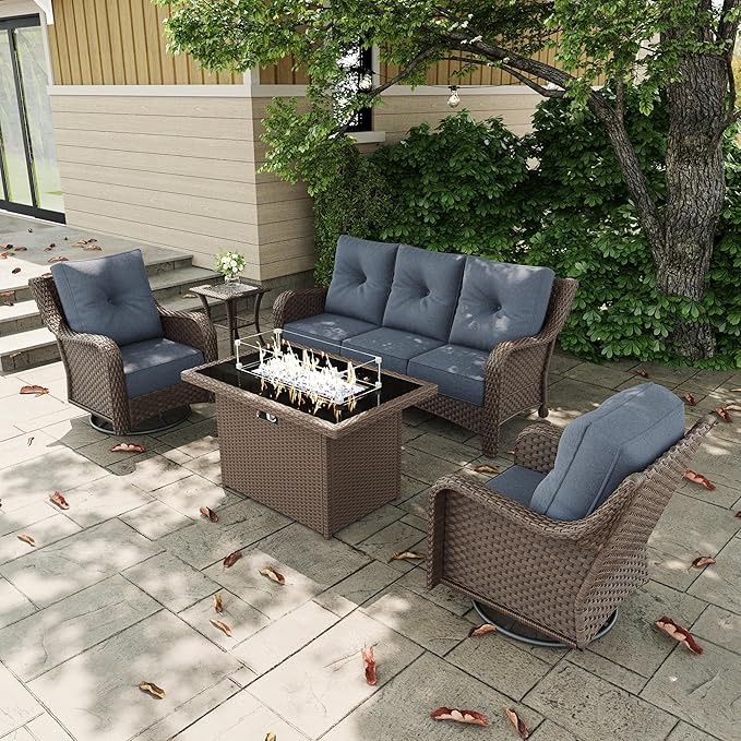 5 Pieces Outdoor Patio Furniture Sets with Rocking Swivel Chairs with 6-inch Thick Cushion and Fire Pit Table for Deck Lawn