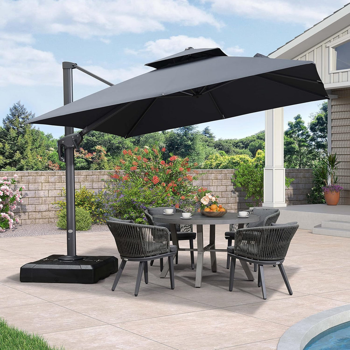 PURPLE LEAF 10ft Patio Umbrella with Base Large Outdoor Square Umbrella Deluxe Hanging Double Top Cantilever Offset Market Umbrella Windproof Garden Umbrella Grey