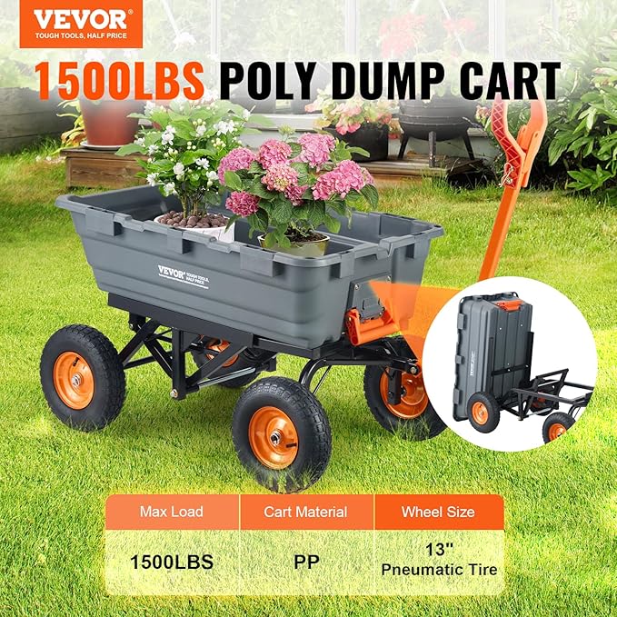 VEVOR 1500lbs Poly Garden Dump Cart Wheelbarrow Wagon with 2 in 1 Convertible Handle, Heavy Duty Yard Cart Wagon for with 13in All Terrain Wheels, Dump Trailer Tow Behind for Lawn Mower Tractor