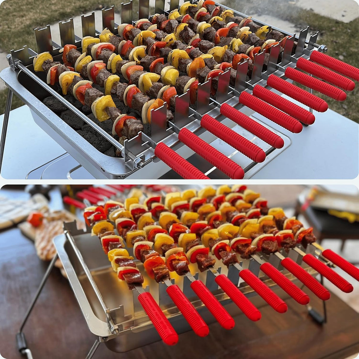 𝗖𝗵𝗮𝗿𝗰𝗼𝗮𝗹 𝗞𝗮𝗯𝗼𝗯 𝗚𝗿𝗶𝗹𝗹 by 𝗡𝗼𝗿𝘁𝗵 𝗚𝗿𝗶𝗹𝗹𝘀: precise heat control, silicone-handle square & flat skewers, charcoal starter tool, tongs, BBQ gloves, and storage & travel bags.