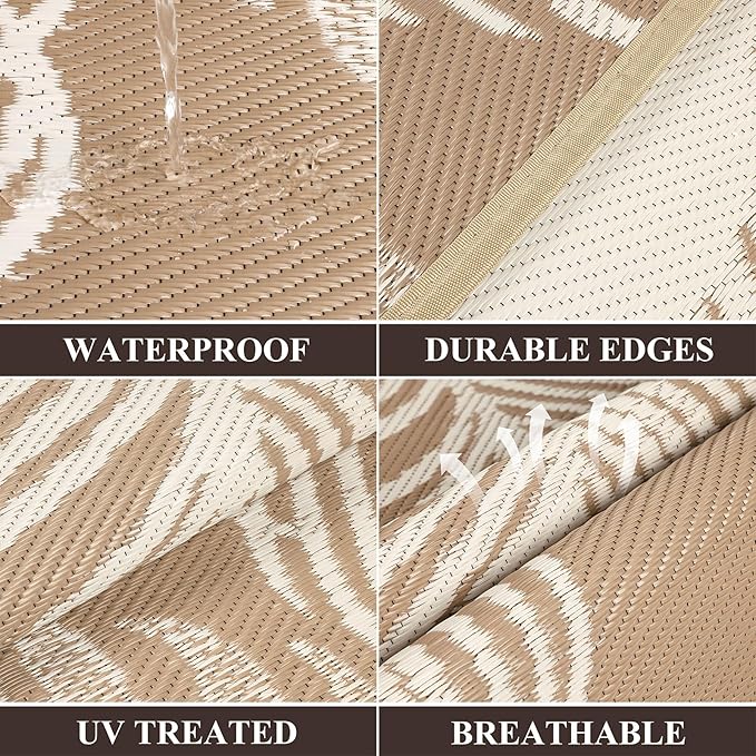 Pauwer Waterproof Outdoor Rug 10x14, Reversible Plastic Straw Patio Camping Rug, Indoor Outdoor RV Mat Carpet for Deck, Camper, Porch, Balcony, Backyard, Picnic, Leaf Brown