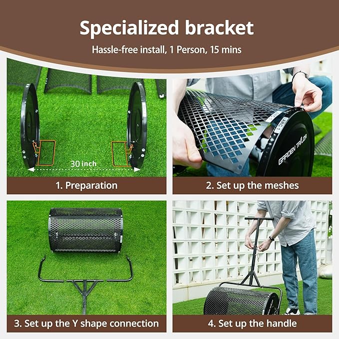 Compost Spreader 30 Inch Peat Moss Spreader with Installation Support Accessories, Metal Mesh Roller Lawn Spreader for Top Soil, Manure, Mulch, Top Dressing - Garden spreaders for lawns