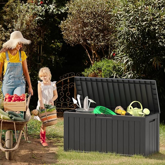NUNU LAB 75 Gallon Outdoor Storage Box,Large Resin Sturdy Deck Box, Backyard Outside Storage Box Waterproof with Double Wall Panels,Package Delivery Garden Hose Storage Bin Outdoor Tool