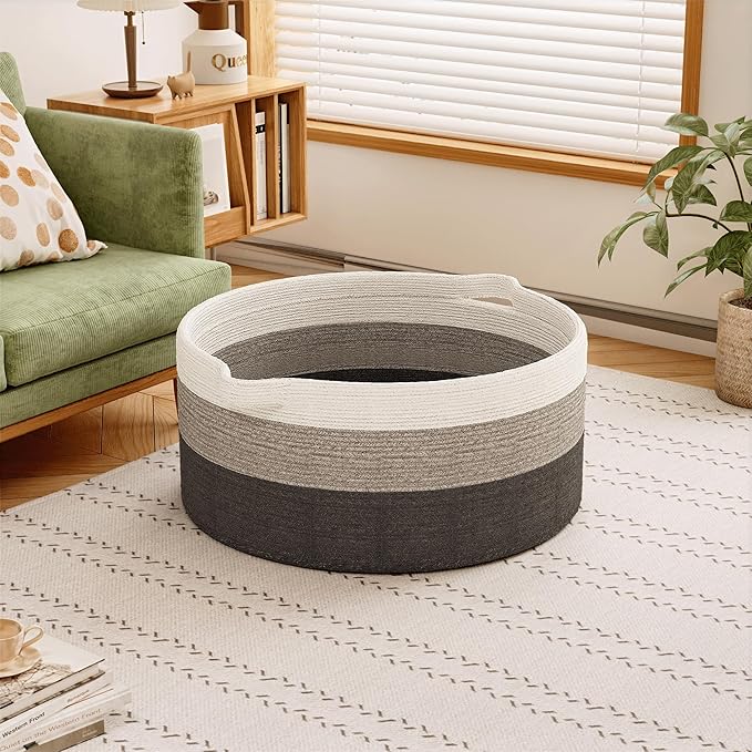 125L Extra Large Blanket Basket, 25" x 16", Jumbo Laundry Woven Baskets Decorative Home, Cotton Rope Basket with Handles, Baby Toy Baskets for Storage, Gradual Gray, 2PC