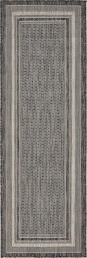 Unique Loom Outdoor Border Collection Area Rug - Soft Border (2' x 6' 1" Runner, Black/ Ivory)