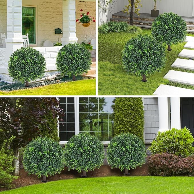 Artificial Boxwood Topiary Ball Tree 24" with Ground Spike, Set of 2 Artificial Boxwood Bushes for Faux Shrubs, Fake Evergreen Faux Plant for Indoor Outdoor Porch Garden- UV Resistant – Fade-Proof