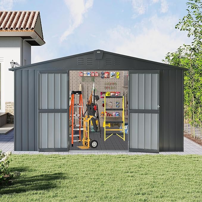 Domi Outdoor Storage Shed 11’ x 9’, Metal Sheds with Galvanized Steel Frame & Windows & Lockable Door, Garden Shed Tool Storage Room for Patio, Grey