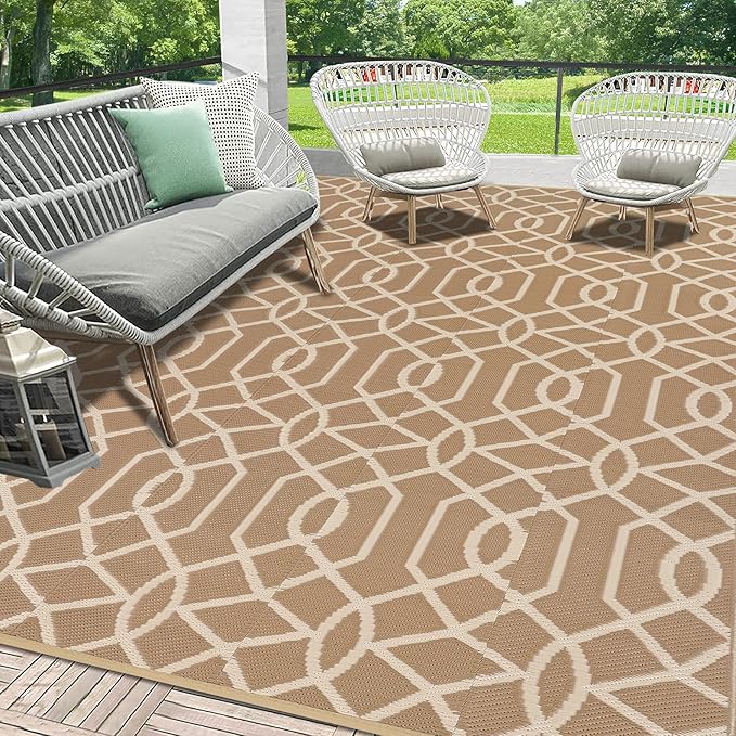 HEBE Outdoor Rug Waterproof 8x10, Reversible Plastic Straw Rug RV Camping Rug, Indoor Outdoor Patio Mat Clearance, Outside Carpet for Porch,Deck,Camper,Balcony,Backyard,Picnic