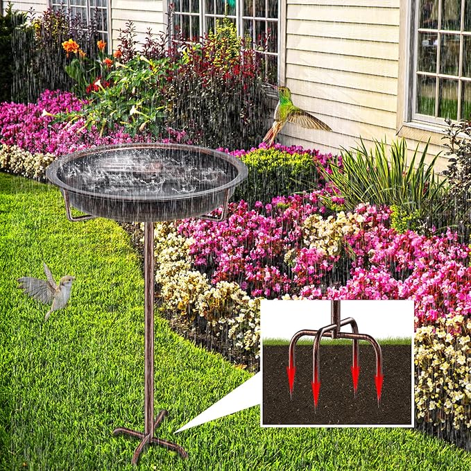 Metal Bird Bath for Outside Garden Birdbath Bowl, 36.2" Height Freestanding Bird Feeders for Outdoors with 4 Prongs Base Stake, Standing Birdfeeders for Yard Lawn Decor (Retro Copper)