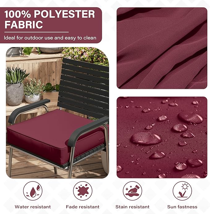 Patio Chair Cushions 24 X 24 X 5 Inch Waterproof Outdoor Seat Cushions for Patio Furniture, Outdoor Sofa Couch Pads with Ties & Handle, Set of 2, Burgundy