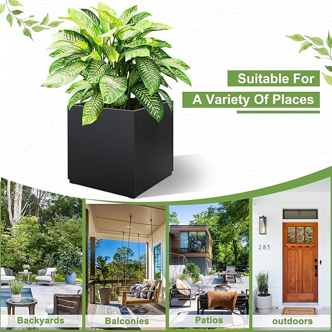 FENCY Large Square Planter 17" L x 17" W x 18" H, Planters for Outdoor Plants, Large Outdoor Planters for Porch Patio, Black Square Planter with Drainage Hole, All-Weather Use Cube Planter
