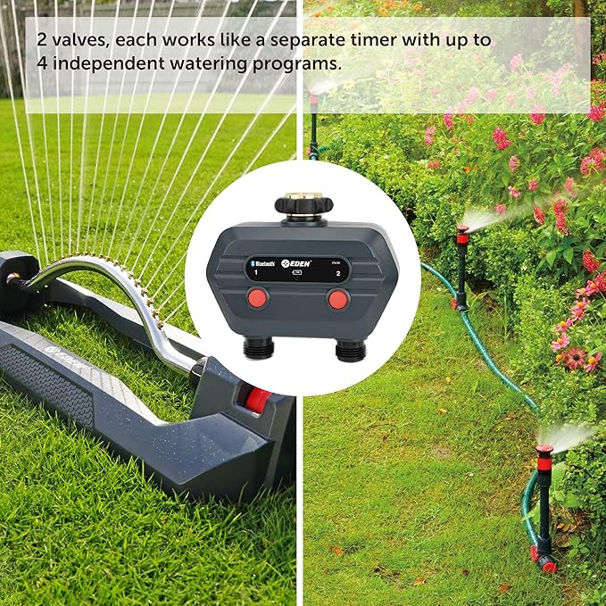 Eden 93442 2-Zone Bluetooth Water Timer for Smart Irrigation - Remote Control via App, Customizable Scheduling, and Water Delay Setting