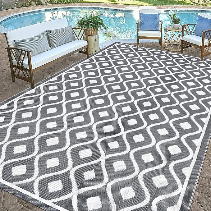 Pauwer Waterproof Outdoor Rug 8x10, Reversible Plastic Straw Patio Camping Rug, Indoor Outdoor RV Mat Carpet for Deck, Camper, Porch, Balcony, Backyard, Picnic, Geometric Grey