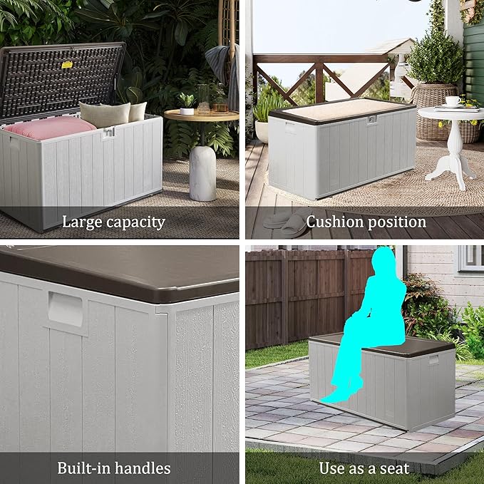 110 Gallon Pro Outdoor Storage Box Waterproof Lockable Deck Box Large, Patio Storage Bin for Pool Accessories Cushion Furniture, Garden Tools, UV-Resistant Outside Delivery, Grayish Brown