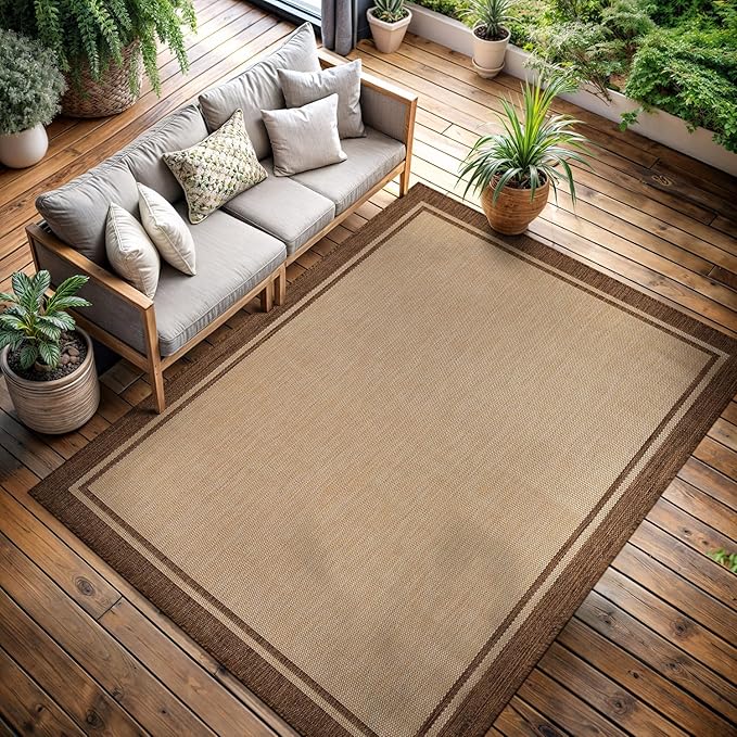 CAMILSON Outdoor Rug 6x9 Bordered Natural Brown Modern Area Rugs for Indoor and Outdoor Patios, Kitchen and Hallway Mats, Washable Porch Deck Outside Carpet (Border Jute, 6 x 9)