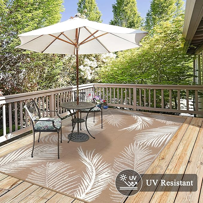 Pauwer Waterproof Outdoor Rug 6x9, Reversible Plastic Straw Patio Camping Rug, Indoor Outdoor RV Mat Carpet for Deck, Camper, Porch, Balcony, Backyard, Picnic, Leaf Brown