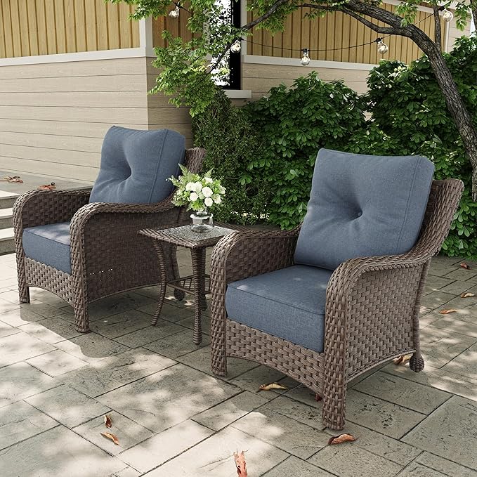 3 Pieces Outdoor Patio Furniture Sets with Single Chairs with 6-inch Thick Cushion and Side Table for Deck Lawn