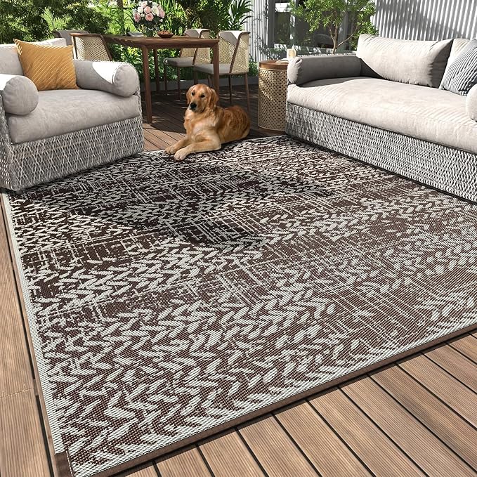 MontVoo Outdoor Rug 8x10 Waterproof-Patio Rug Mat Outdoor Carpet Reversible RV Camping Picnic Plastic Straw Rug Outside Outdoor Area Rug for Balcony Deck Backyard Patio Decor Boho Modern Brown