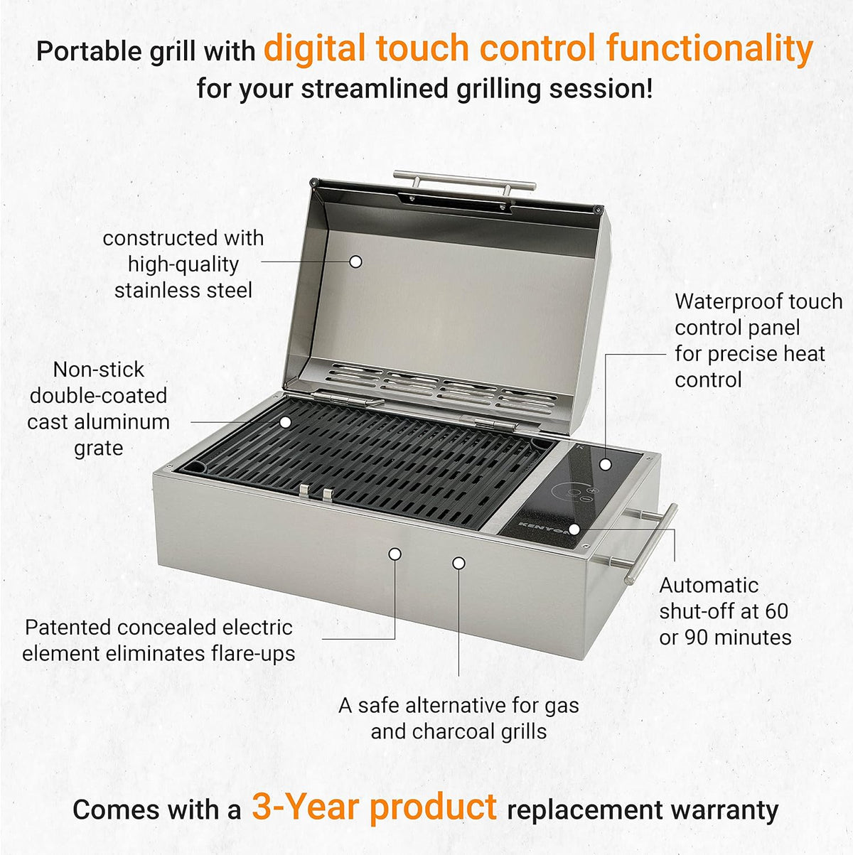 Kenyon Frontier Portable Electric Grill, Waterproof Digital Touch Control, UL-Approved For Indoor And Outdoor Use, Stainless Steel, Rust-Proof Grill, Quick Heat Up, Dishwasher Safe, 120V