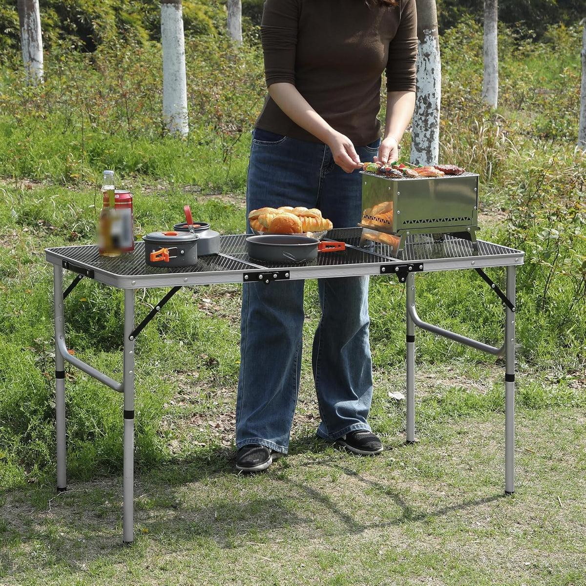 RedSwing Portable Grill Table for Outside, Aluminum Folding Grill Stand Table for Outdoor Camping Picnic BBQ, Lightweight Adjustable Height, (48"x24"x15"/28" Sliver)