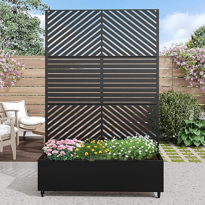 Casaphoria Metal Raised Garden Bed with Trellis and Wheels, 72"x47"x16" Planter Box for Climbing Plants, Vegetables & Vines, Features Drainage Holes and Privacy Screen, Black(Parallel&Louvered)