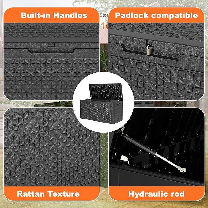 100 Gallon Resin Deck Box, Lockable Patio Outdoor Storage Box for Furniture, Garden Tools and Tools Storage, Waterproof Outside Storage Boxes - Patterned black