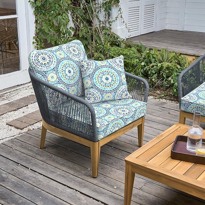 LVTXIII Outdoor Deep Seat Cushion Patio Seat and Back Cushion Set Seasonal Chair Cushion with Removable Cover and Adjustable Buckle for Home and Garden, 24"x24"x4", Delancey Lagoon