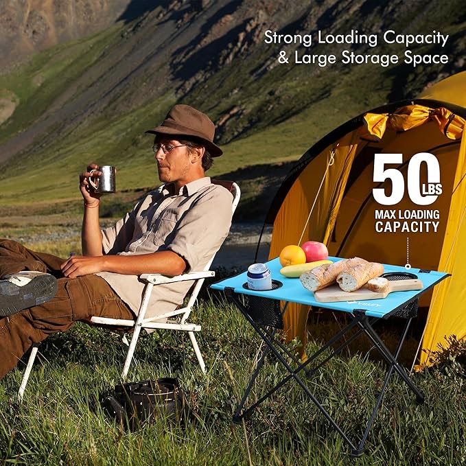 VILLEY Folding Camping Table, Lightweight Portable Beach Table with 2 Cup Holders & Carry Bag for Camping, Beach, Fishing, Travel, and Outdoor Activities (Small)