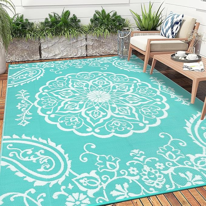 Pauwer Waterproof Outdoor Rug 6x9, Reversible Plastic Straw Patio Camping Rug, Indoor Outdoor RV Mat Carpet for Deck, Camper, Porch, Balcony, Backyard, Picnic, Boho Light Blue